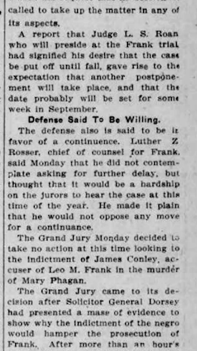 Tuesday, 22nd July 1913, Grand Jury Defers Action on Jim Conley, The Atlanta Georgian