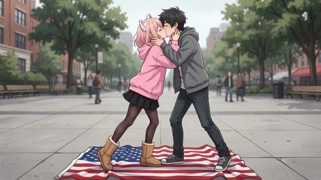 A Adult Anime Girl With Pink Kawaii Cute Cat Ear Hoodie And Black Skirt also Ugg Boot Kissing a Adult Man and Both Stepping  on the USA Flag 