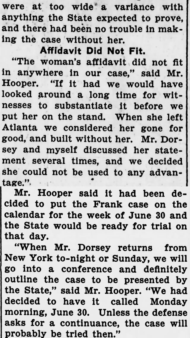 Saturday, 21st June 1913 Justice Aim in Phagan Case, Says Hooper