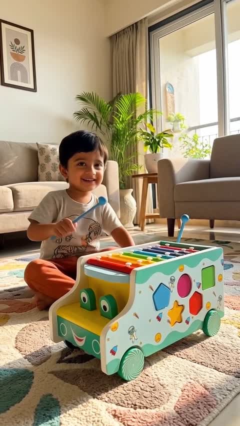 Chanak 6-in-1 Wooden Activity Bus Montessori Toy for Toddlers | Musical Xylophone, Shape Sorter, Maze & Storage | Educational Wooden Toy for Kids 3+