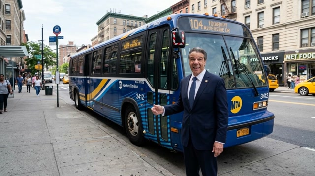 Andrew Cuomo Standing Next To a Nova RTS MTABUS Blue Livery