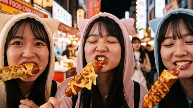 3  Adult East Girl with  Kawaii Cat Ear Hoodie Eating Egg And Cheese Sausage In Japan Food Challenges 