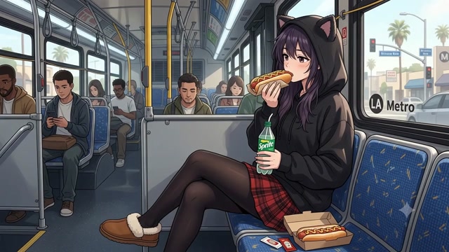Adult Anime Girl With Cat Ear Hoodie HotDogs & Drinking Sprite LA Metro Bus