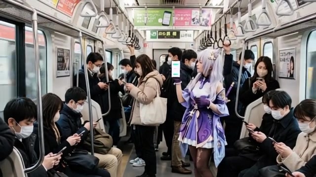 People On the Japan Subway Train Texting a Cosplayer