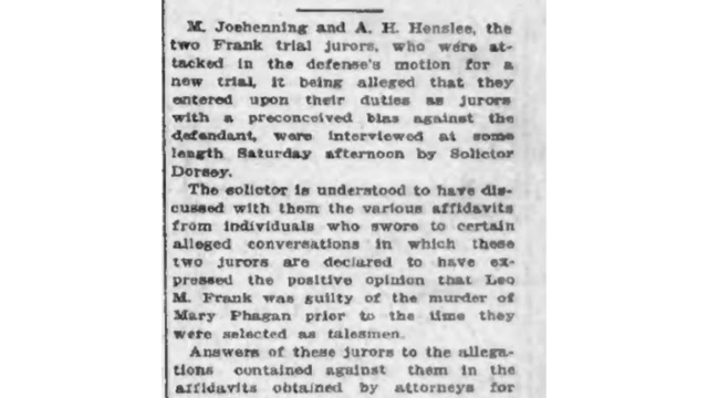 Sunday, 5th October 1913: Two Frank Jurors Firm In Denying Outside Pressure, The Atlanta Journal