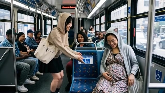 A Kind Adult East Girl with Cat Ear hoodie And Skirt Give Up her Seat On The MTABUS For the East Adult Pregnant Girl with cat Ear hoodie