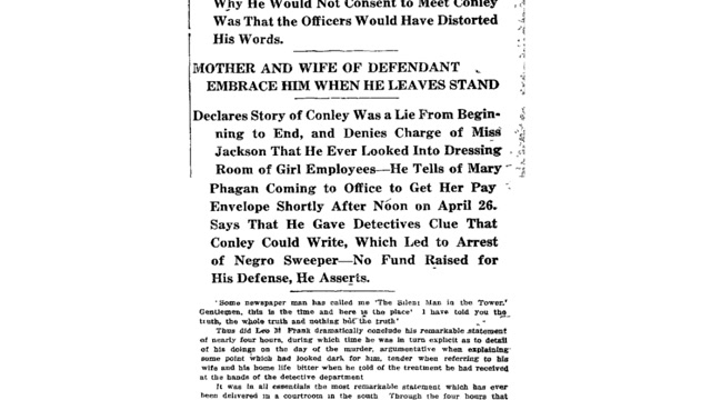 Tuesday, 19th August 1913 Frank Ends Statement After Testifying Four Hours, The Atlanta Constitution